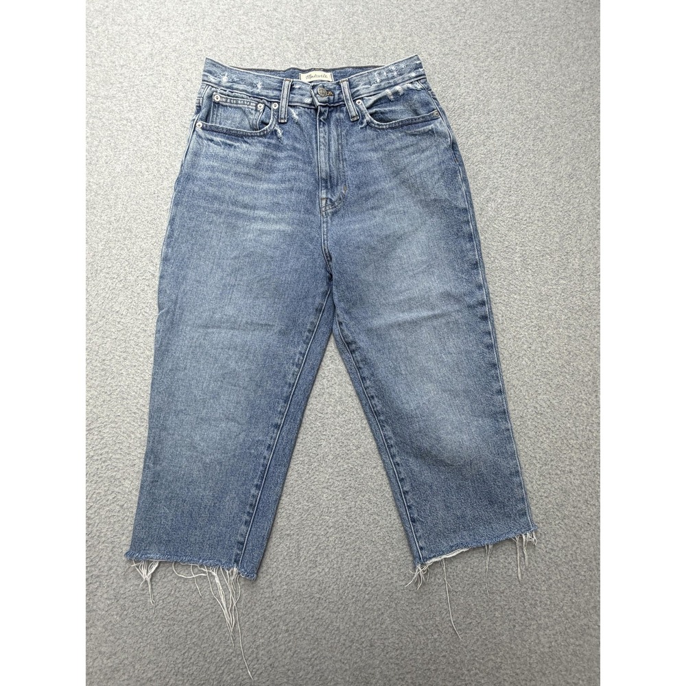 Madewell The Mom Jean Womens 27 Blue High Rise Crop Distressed Raw Hem Denim‎